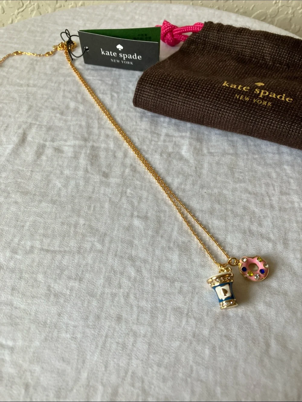 kate spade: Gold Tone Pink donut & coffee cup charm necklace
